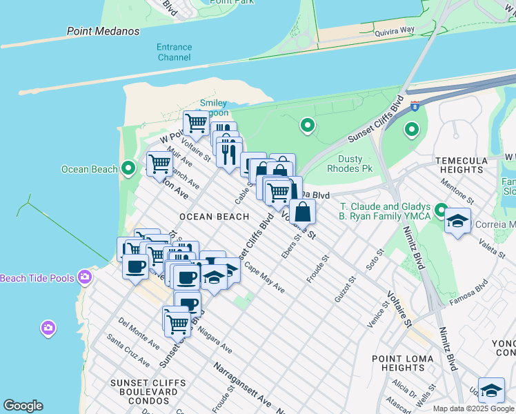 map of restaurants, bars, coffee shops, grocery stores, and more near 4839 Muir Avenue in San Diego