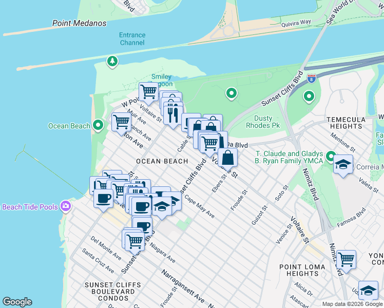 map of restaurants, bars, coffee shops, grocery stores, and more near 4839 Muir Avenue in San Diego