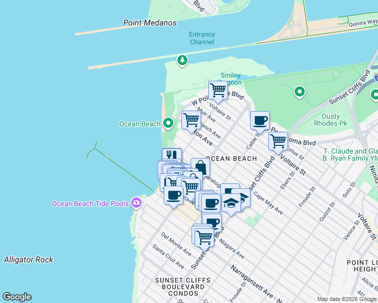 map of restaurants, bars, coffee shops, grocery stores, and more near 5060 Saratoga Avenue in San Diego