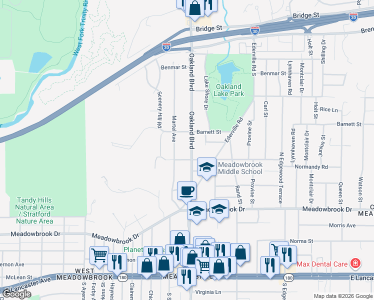map of restaurants, bars, coffee shops, grocery stores, and more near 1841 Oakland Boulevard in Fort Worth