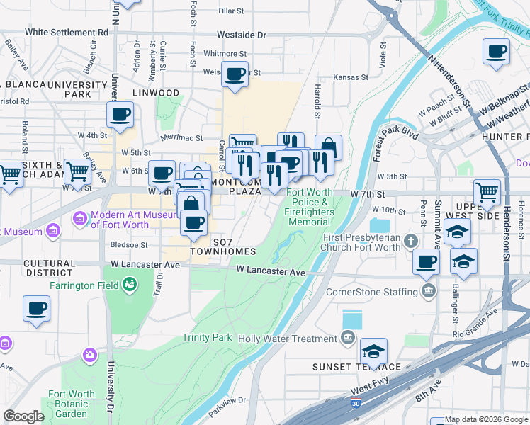 map of restaurants, bars, coffee shops, grocery stores, and more near 900 Museum Way in Fort Worth