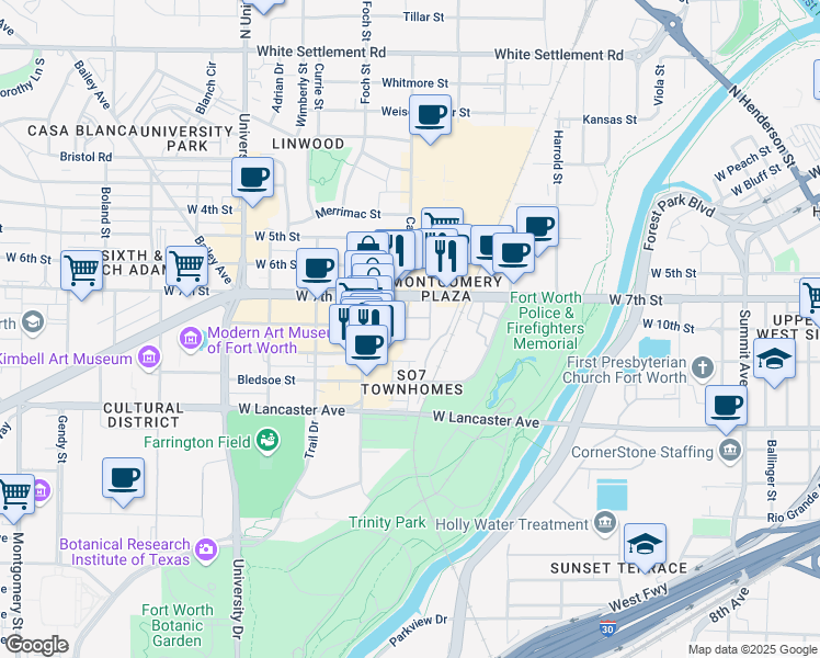 map of restaurants, bars, coffee shops, grocery stores, and more near 2605 Iron Horse Lane in Fort Worth