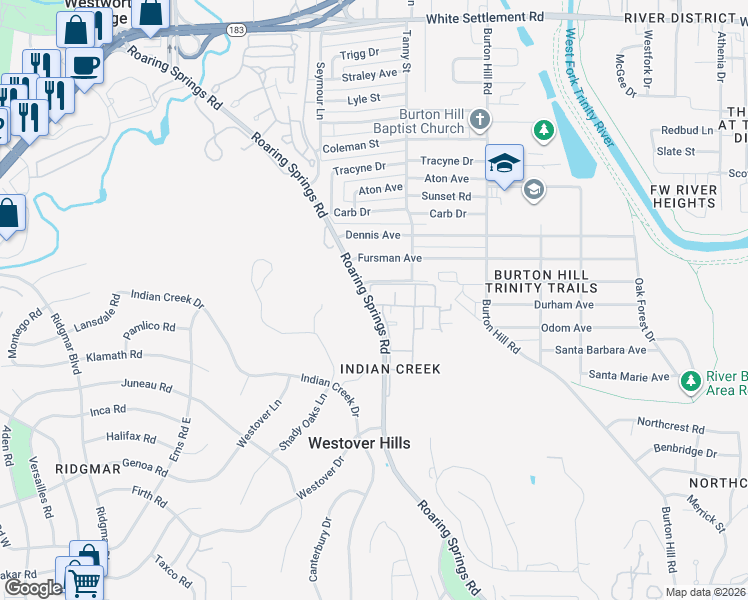 map of restaurants, bars, coffee shops, grocery stores, and more near 1081 Roaring Springs Road in Fort Worth