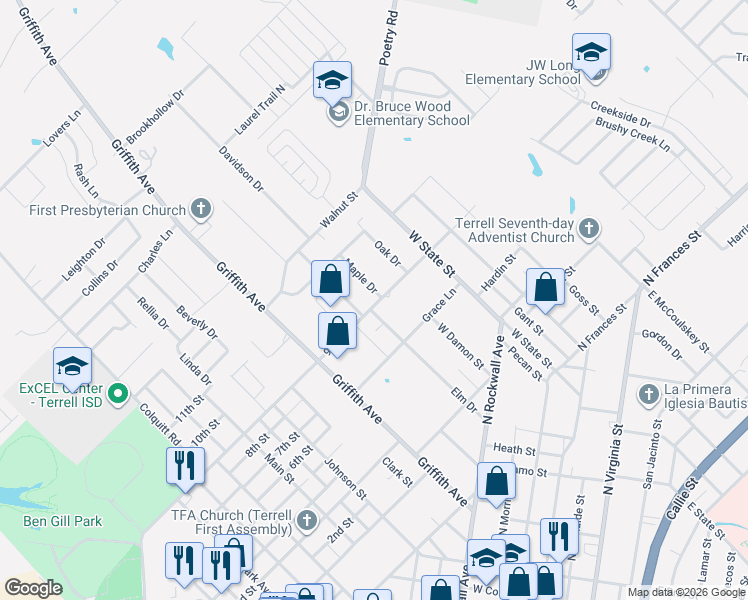 map of restaurants, bars, coffee shops, grocery stores, and more near 316 Elm Drive in Terrell