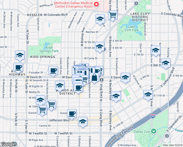 map of restaurants, bars, coffee shops, grocery stores, and more near 603 North Madison Avenue in Dallas