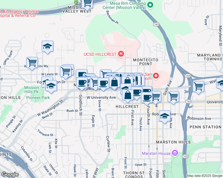 map of restaurants, bars, coffee shops, grocery stores, and more near 334 W Washington St in San Diego