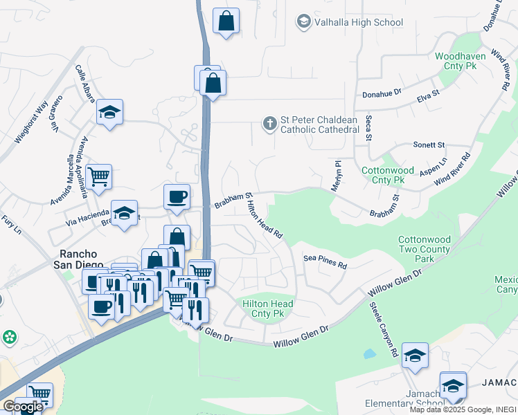 map of restaurants, bars, coffee shops, grocery stores, and more near 1627 Woodrun Place in El Cajon