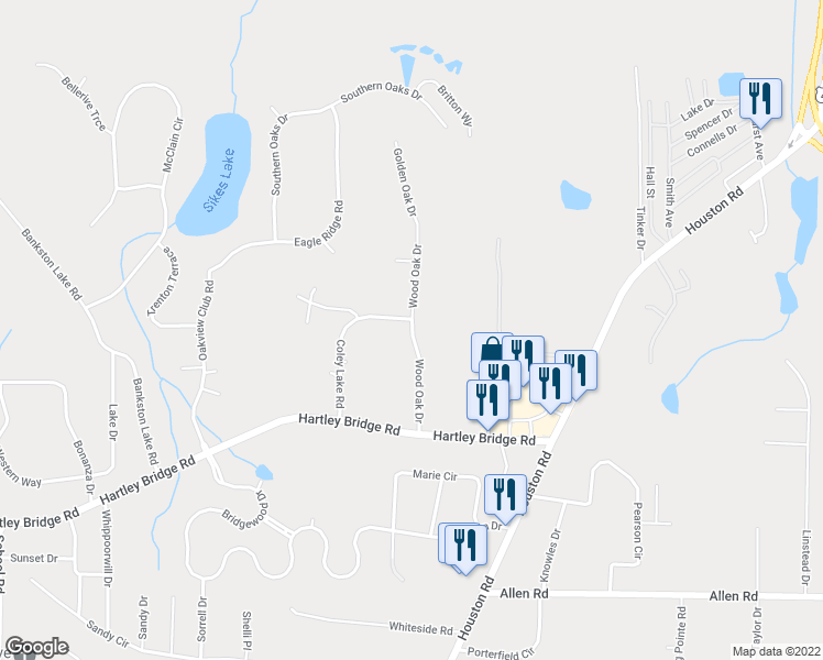 map of restaurants, bars, coffee shops, grocery stores, and more near 5467 Wood Oak Drive in Macon
