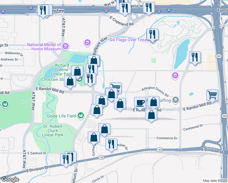 map of restaurants, bars, coffee shops, grocery stores, and more near 301 Arlington Downs Road in Arlington