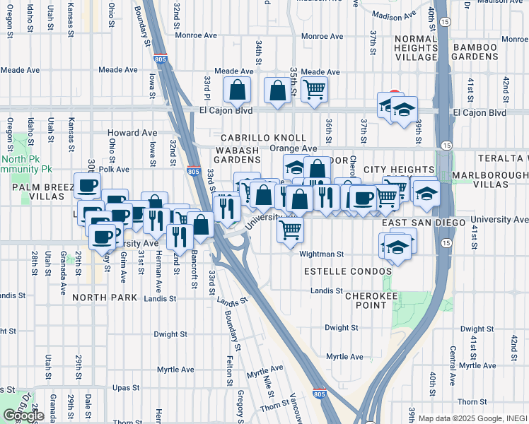 map of restaurants, bars, coffee shops, grocery stores, and more near 3419 University Avenue in San Diego