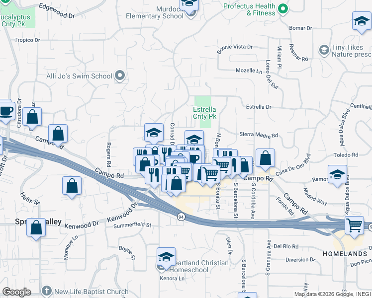 map of restaurants, bars, coffee shops, grocery stores, and more near 3903 Conrad Drive in Spring Valley