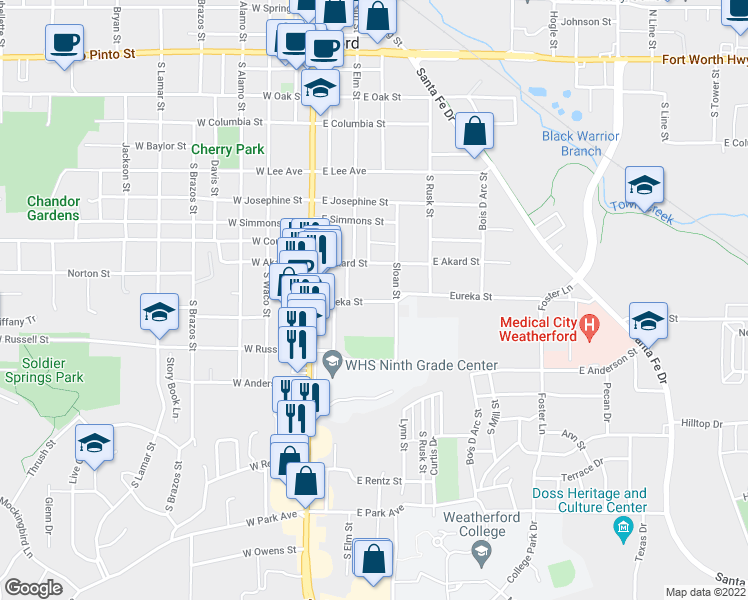 map of restaurants, bars, coffee shops, grocery stores, and more near 213B Eureka Street in Weatherford