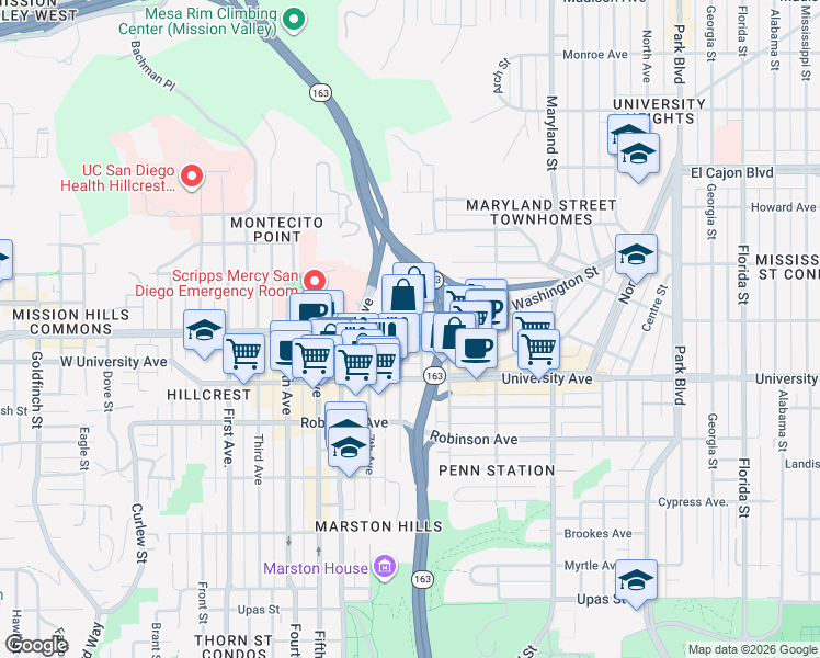 map of restaurants, bars, coffee shops, grocery stores, and more near 825 Washington Street in San Diego