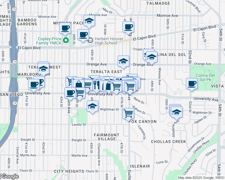 map of restaurants, bars, coffee shops, grocery stores, and more near 4018 Menlo Avenue in San Diego