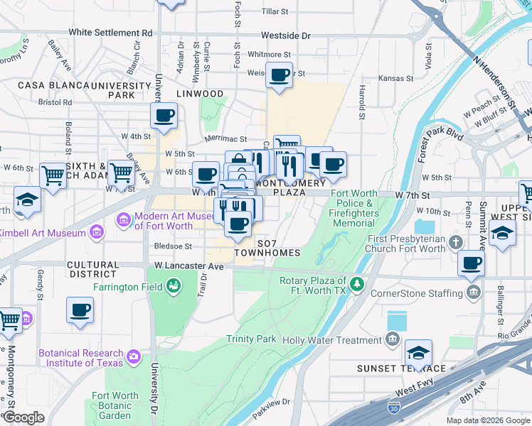 map of restaurants, bars, coffee shops, grocery stores, and more near 2605 Iron Horse Lane in Fort Worth