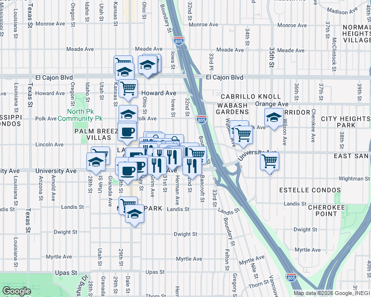 map of restaurants, bars, coffee shops, grocery stores, and more near 3939 Iowa Street in San Diego
