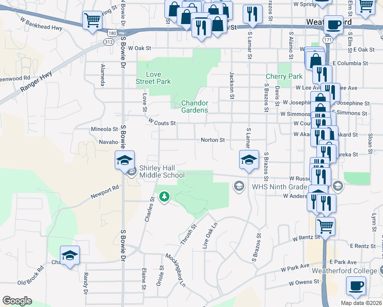 map of restaurants, bars, coffee shops, grocery stores, and more near 806 Trenton Street in Weatherford