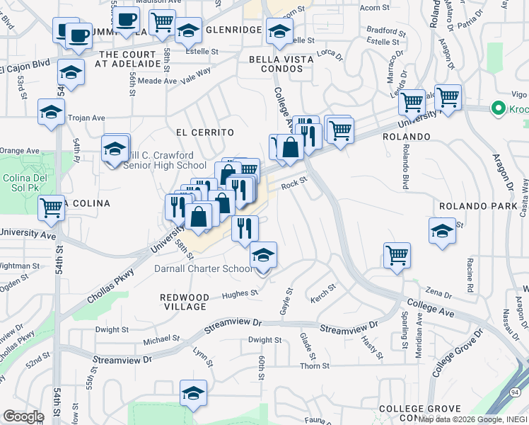 map of restaurants, bars, coffee shops, grocery stores, and more near 3992 60th Street in San Diego