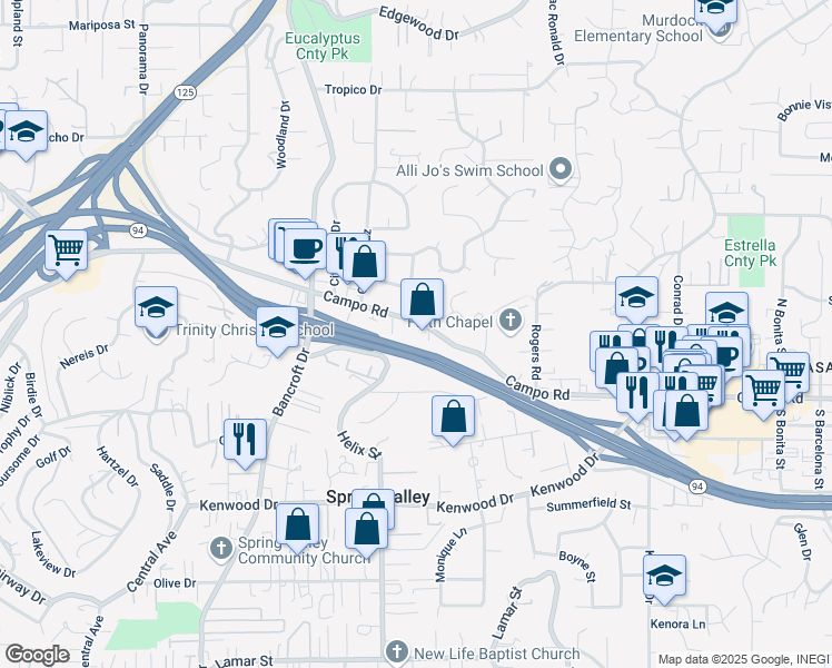 map of restaurants, bars, coffee shops, grocery stores, and more near 9315 Campo Road in Spring Valley