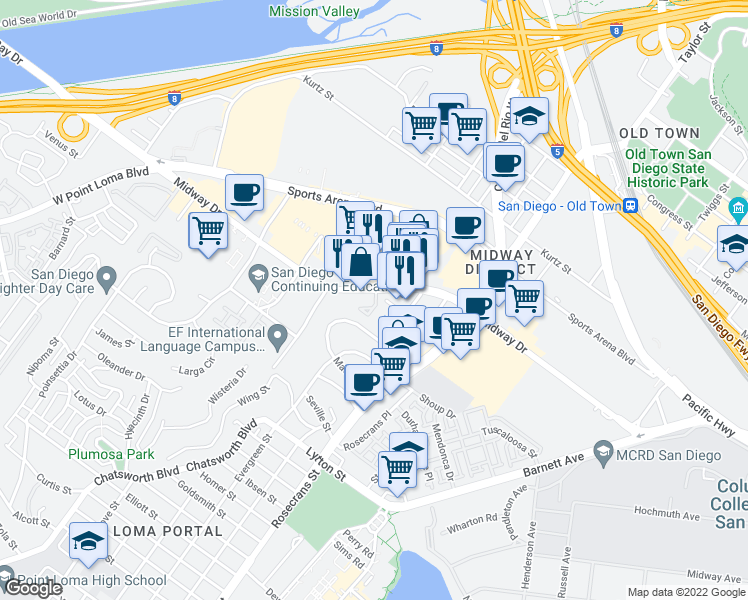 map of restaurants, bars, coffee shops, grocery stores, and more near 3207 Midway Drive in San Diego