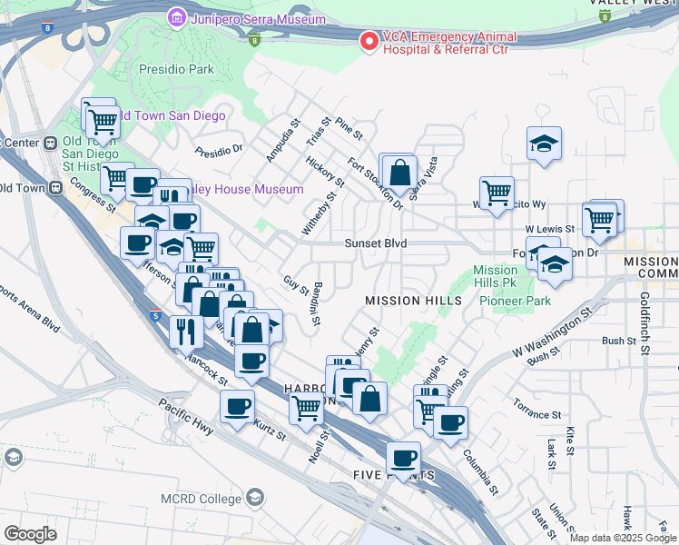 map of restaurants, bars, coffee shops, grocery stores, and more near 4149 Miller Street in San Diego