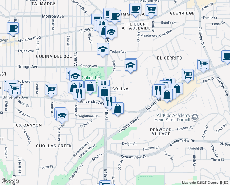 map of restaurants, bars, coffee shops, grocery stores, and more near 5439 Soho View Terrace in San Diego