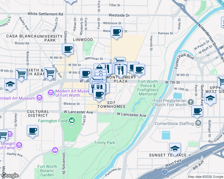 map of restaurants, bars, coffee shops, grocery stores, and more near 2601 West 7th Street in Fort Worth