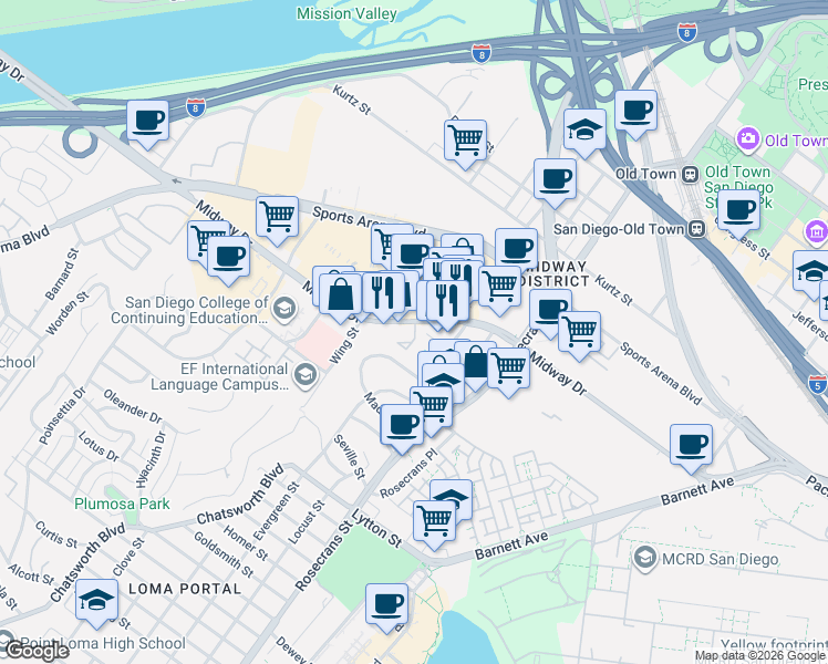 map of restaurants, bars, coffee shops, grocery stores, and more near 3175 Cauby Street in San Diego