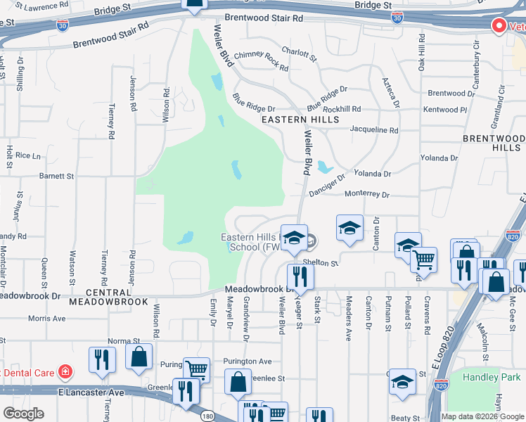 map of restaurants, bars, coffee shops, grocery stores, and more near 1936 Yosemite Drive in Fort Worth