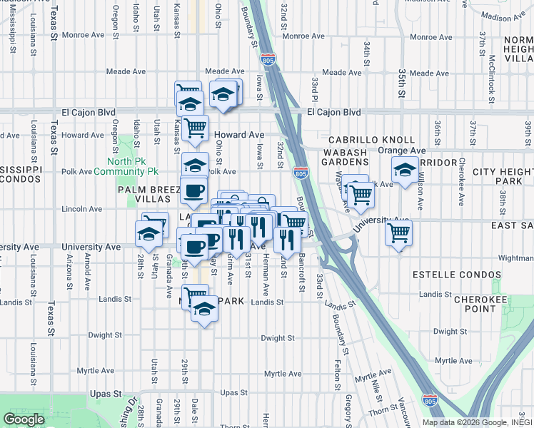 map of restaurants, bars, coffee shops, grocery stores, and more near 3939 Iowa Street in San Diego