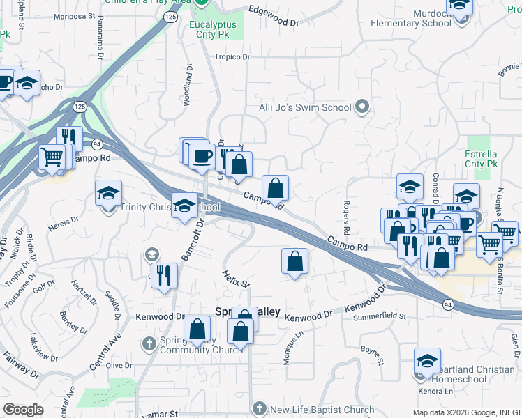 map of restaurants, bars, coffee shops, grocery stores, and more near 3865 Helix Street in Spring Valley