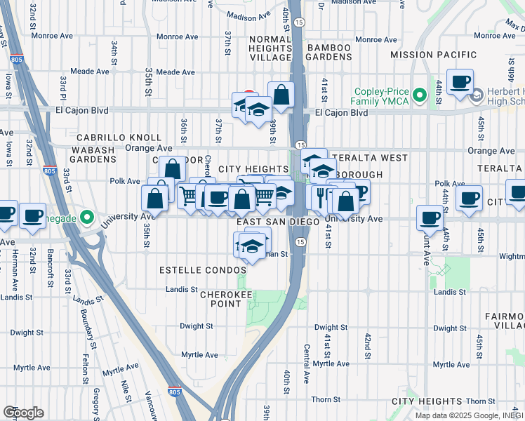 map of restaurants, bars, coffee shops, grocery stores, and more near 3842 University Avenue in San Diego