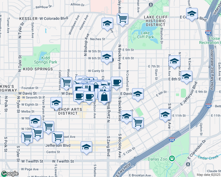 map of restaurants, bars, coffee shops, grocery stores, and more near 235 West Davis Street in Dallas