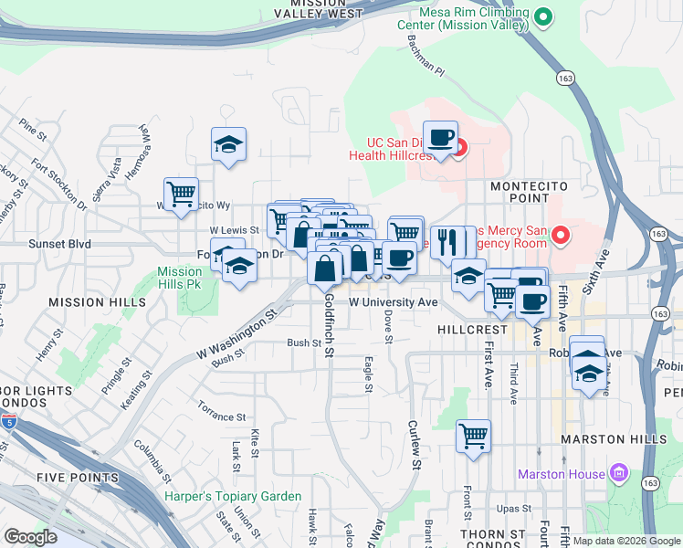 map of restaurants, bars, coffee shops, grocery stores, and more near 860 West Washington Street in San Diego