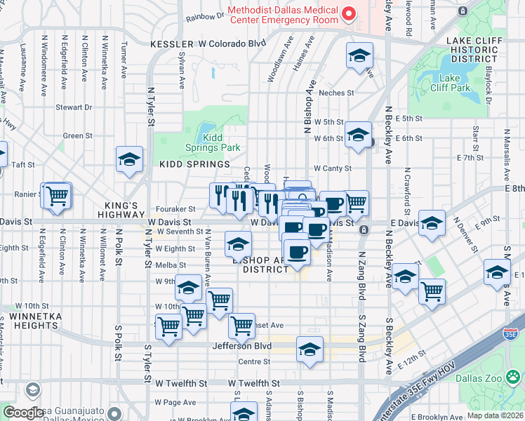 map of restaurants, bars, coffee shops, grocery stores, and more near 617 Woodlawn Avenue in Dallas