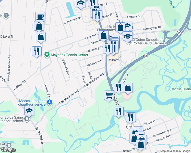 map of restaurants, bars, coffee shops, grocery stores, and more near 1730 Central Park Road in Charleston