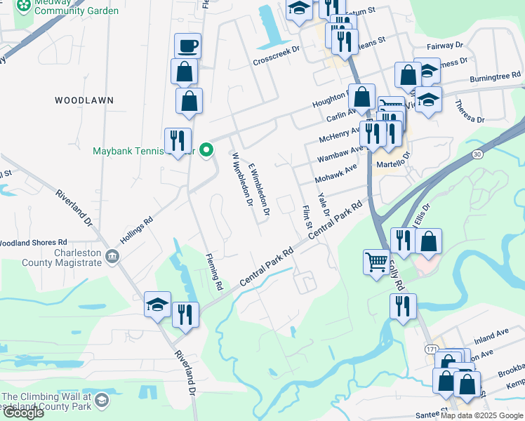 map of restaurants, bars, coffee shops, grocery stores, and more near 528 East Wimbledon Drive in Charleston