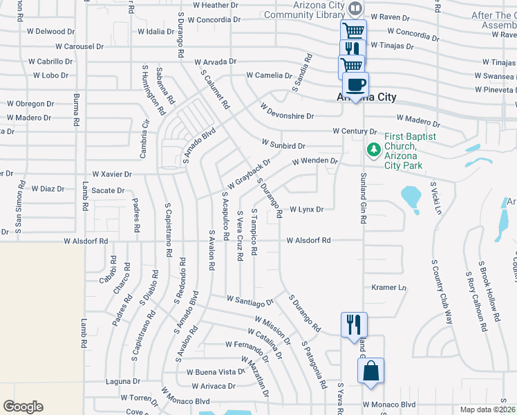 map of restaurants, bars, coffee shops, grocery stores, and more near 14356 South Tampico Road in Arizona City