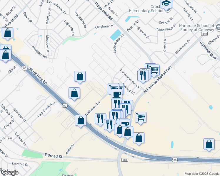 map of restaurants, bars, coffee shops, grocery stores, and more near 500 Marketplace Boulevard in Forney