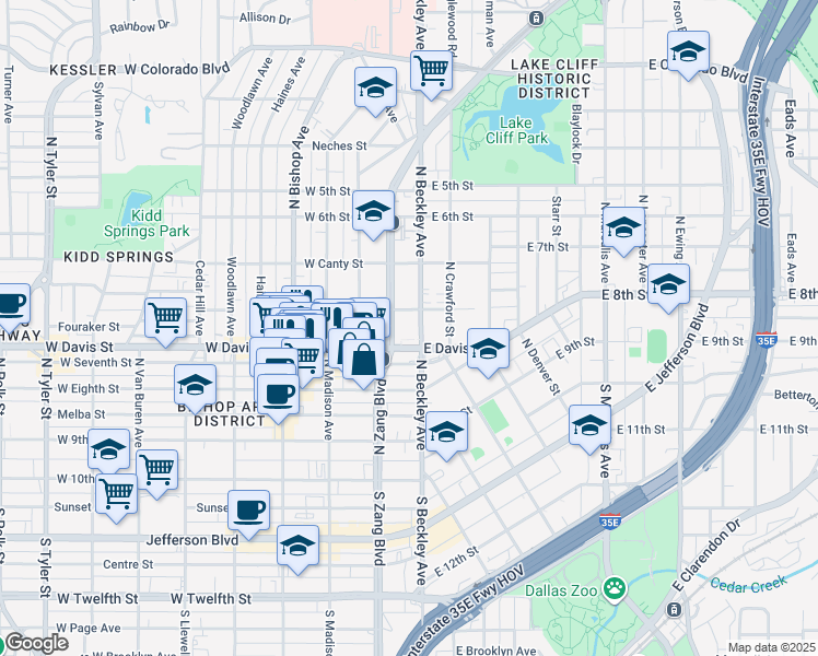 map of restaurants, bars, coffee shops, grocery stores, and more near 111 West Davis Street in Dallas