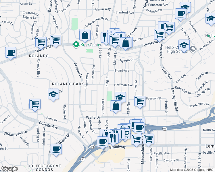 map of restaurants, bars, coffee shops, grocery stores, and more near 3981 King Street in La Mesa