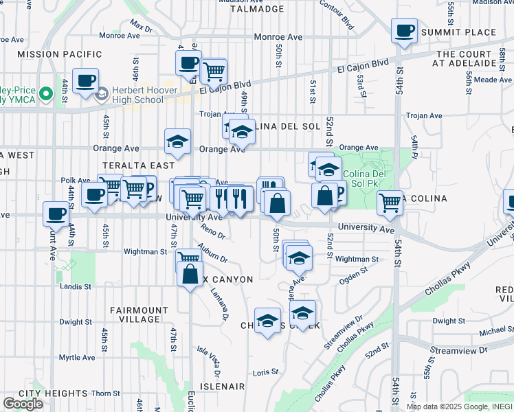 map of restaurants, bars, coffee shops, grocery stores, and more near 3845 49th Street in San Diego