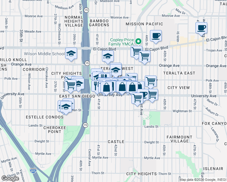 map of restaurants, bars, coffee shops, grocery stores, and more near in San Diego