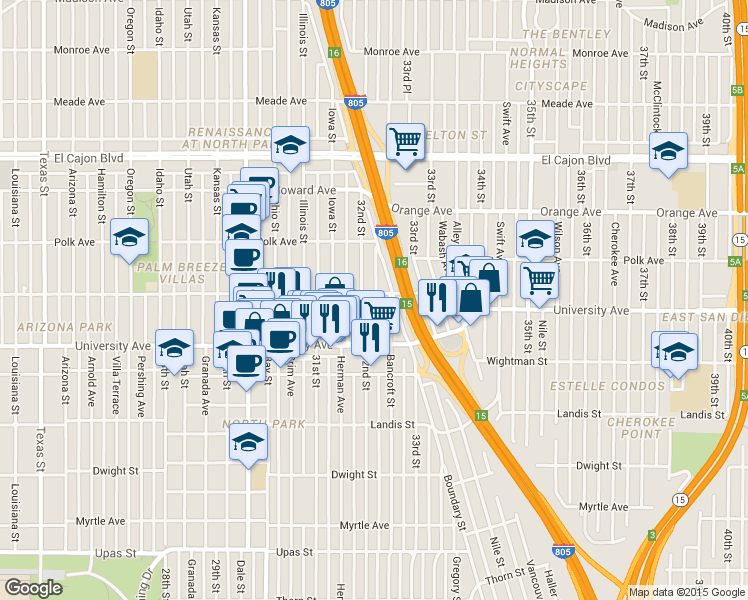 map of restaurants, bars, coffee shops, grocery stores, and more near 3954 Bancroft Street in San Diego