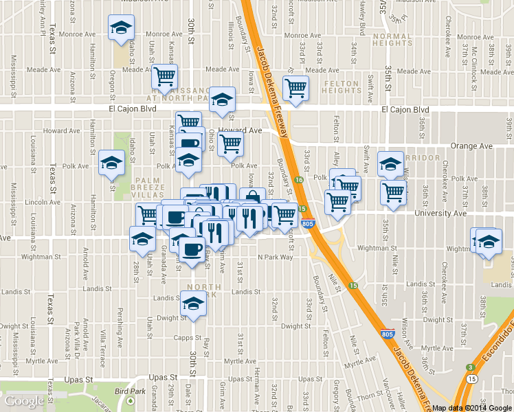 map of restaurants, bars, coffee shops, grocery stores, and more near 3939 Iowa Street in San Diego
