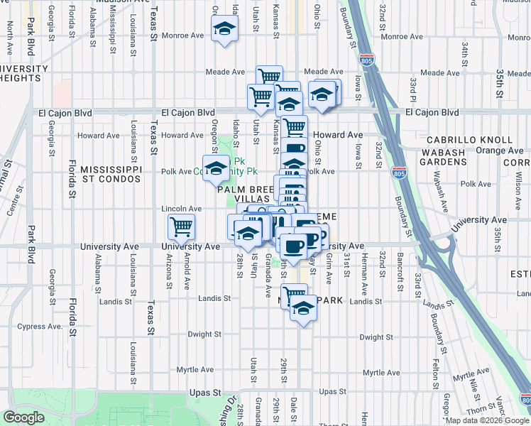 map of restaurants, bars, coffee shops, grocery stores, and more near 3953 Utah Street in San Diego