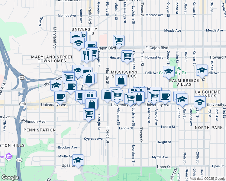 map of restaurants, bars, coffee shops, grocery stores, and more near 3945 Alabama Street in San Diego