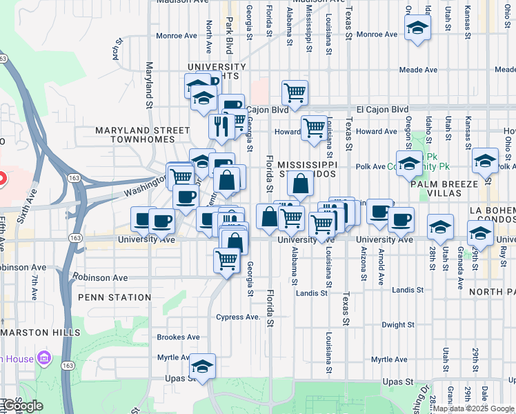 map of restaurants, bars, coffee shops, grocery stores, and more near 3948 Florida Street in San Diego