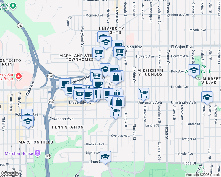 map of restaurants, bars, coffee shops, grocery stores, and more near 3952 Park Boulevard in San Diego