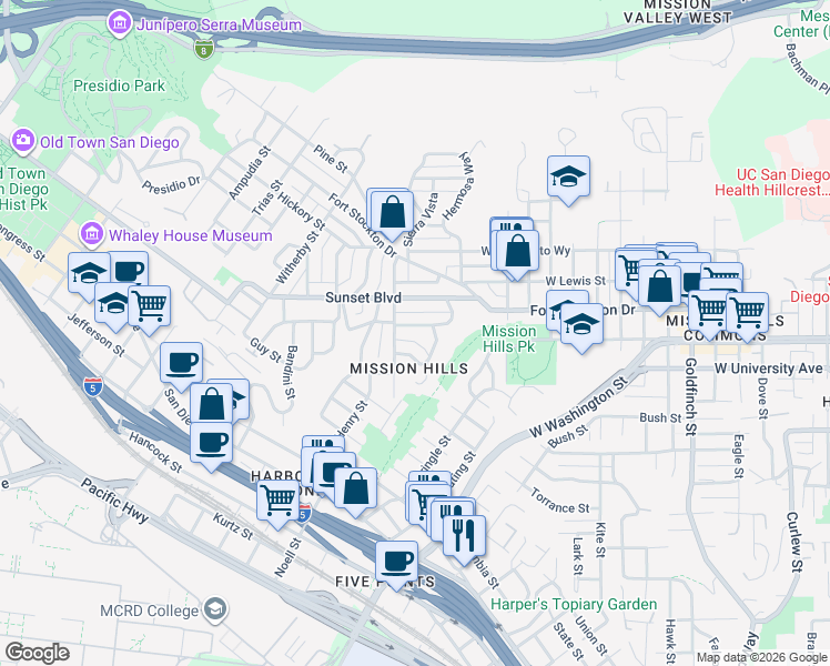map of restaurants, bars, coffee shops, grocery stores, and more near in San Diego